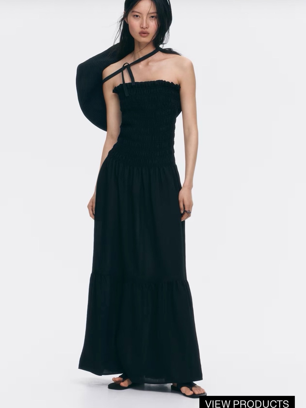 H&M Black Strapless Smocked Maxi Dress with Asymmetric Neck Tie